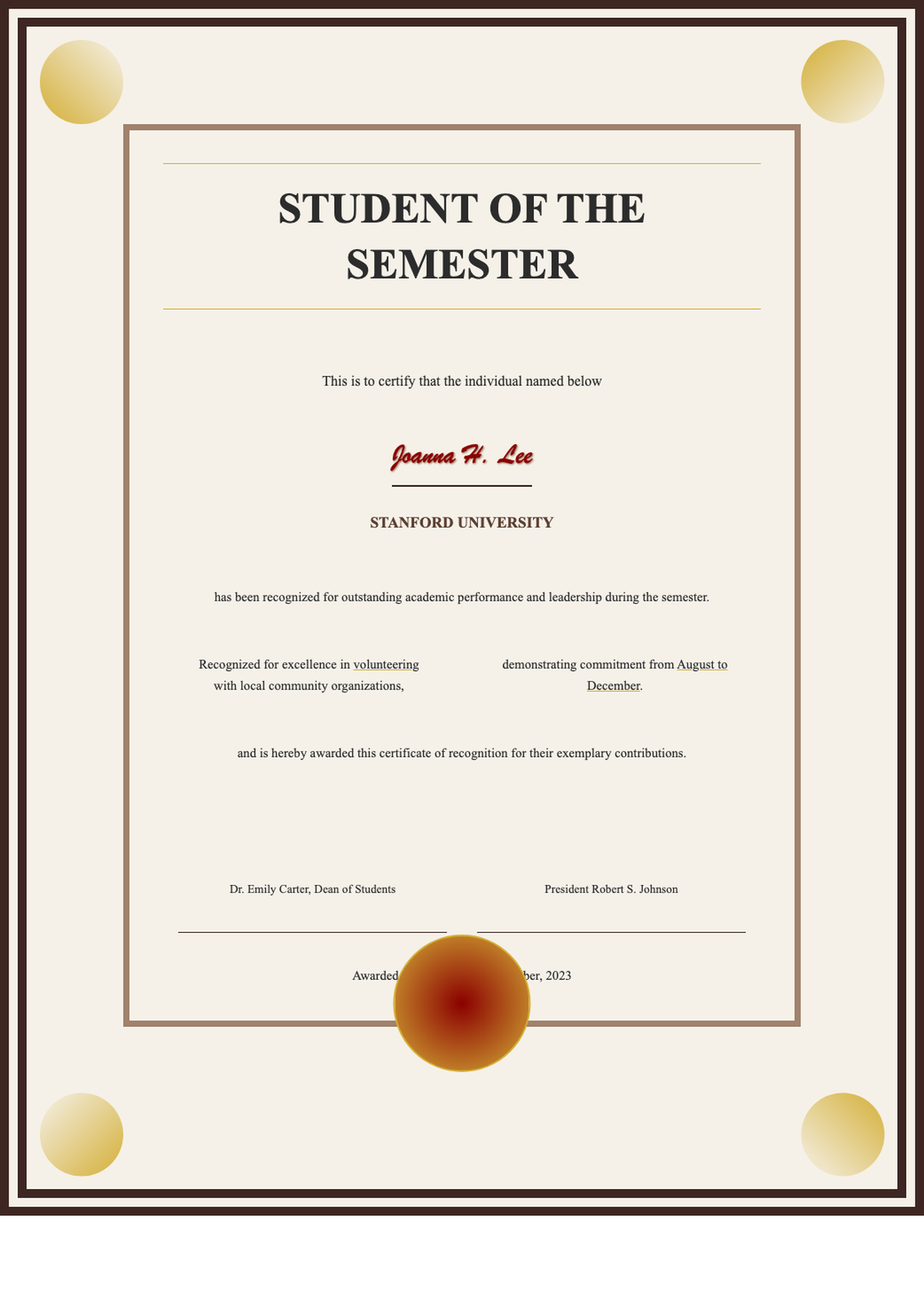 Framed student of the semester certificate with ornate border and red seal_variant_1